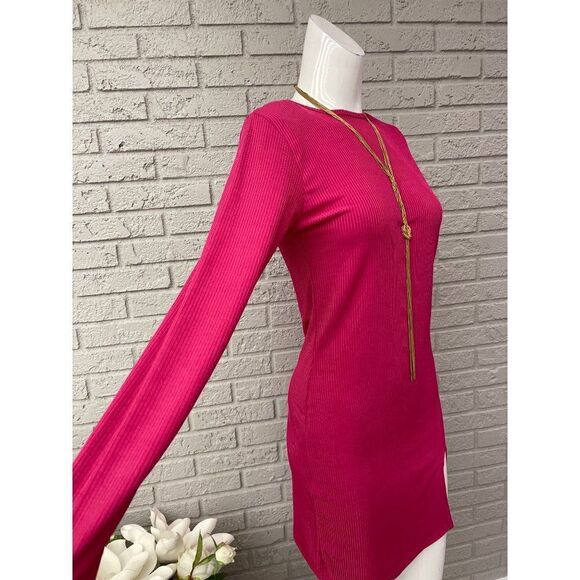 Nastygal  Bright Pink Ribbed Long Sleeve Bodycon Dress Size 8 - Picture 4 of 10